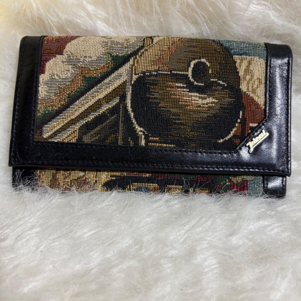 Ideal Wallet Women Train Locomotive Tapestry Black Leather Trifold Vintage Retro